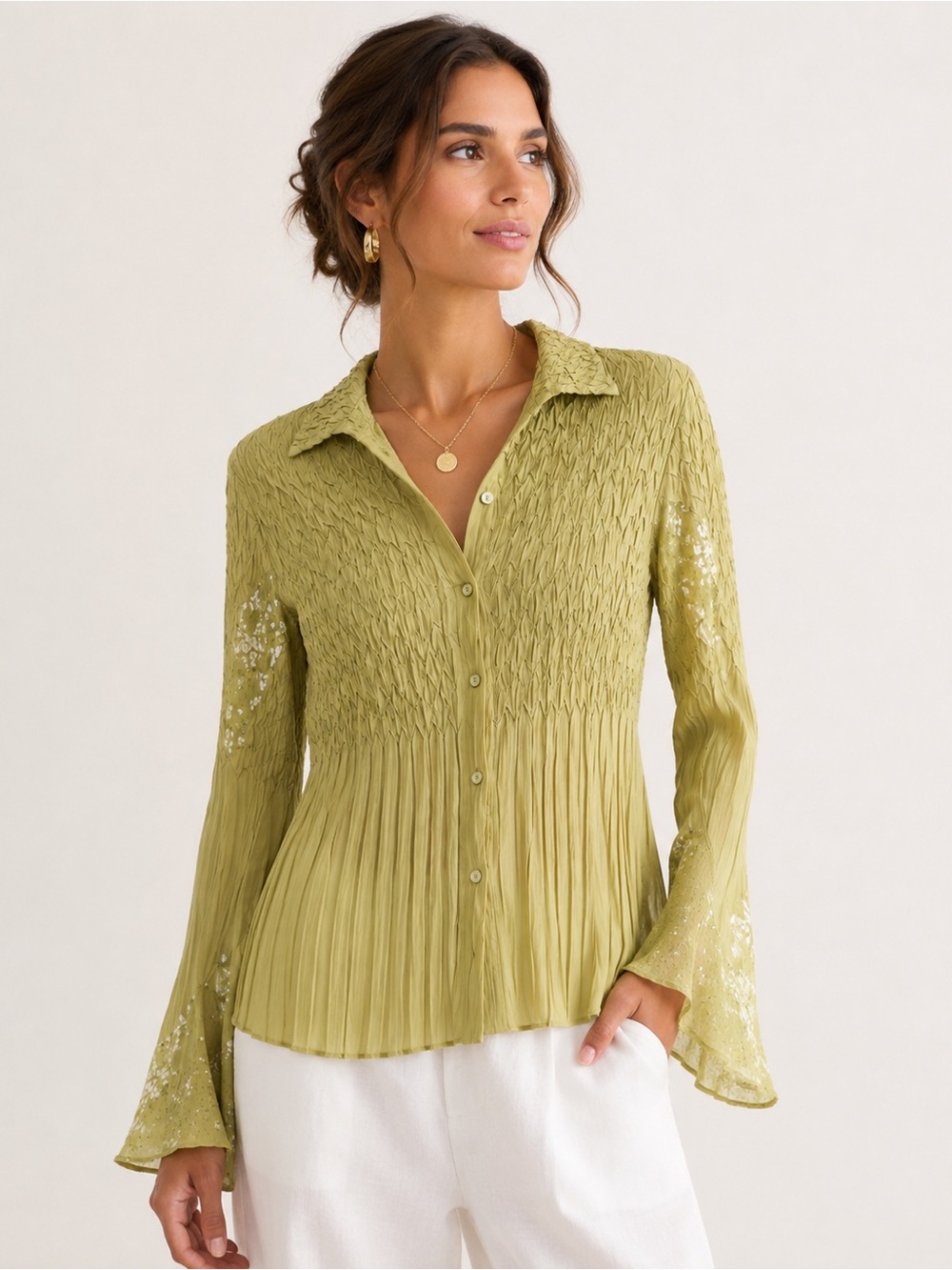 KOMAROV SAGE GREEN SMOCKING LACE EMBROIDERY INSET CRINKLE BLOUSE SHIRT SZ M